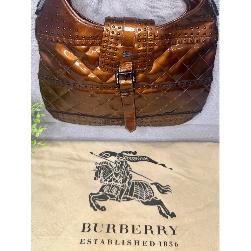 Burberry Prorsum Metallic Bronze Quilted Patent Leather Studded Hobo‎ Bag Italy